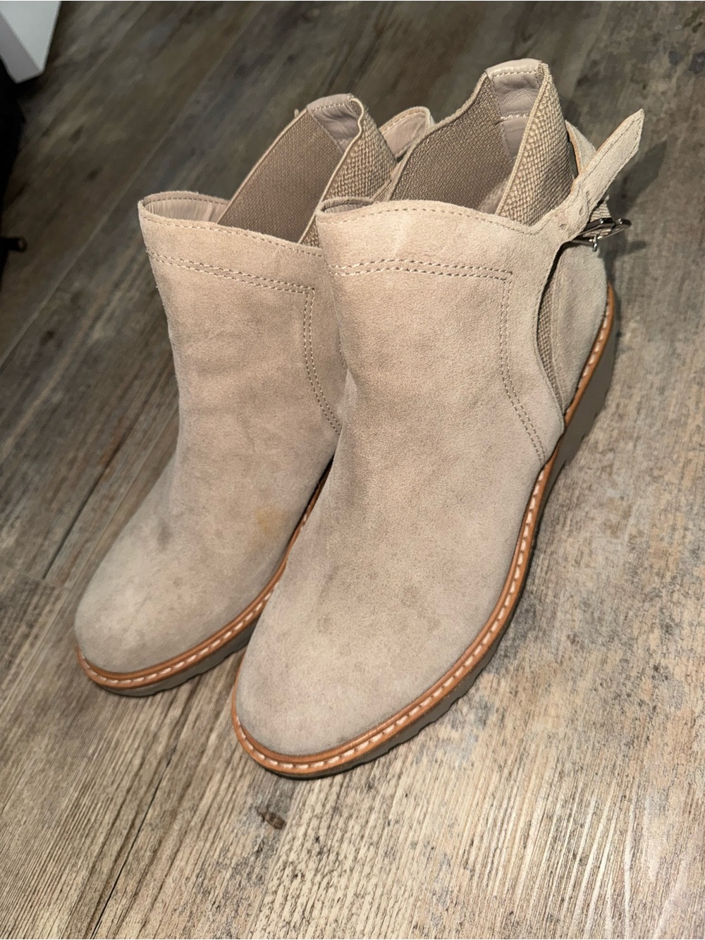 Gianni Bini Taupe Suede Ankle Booties with Buckle Accent